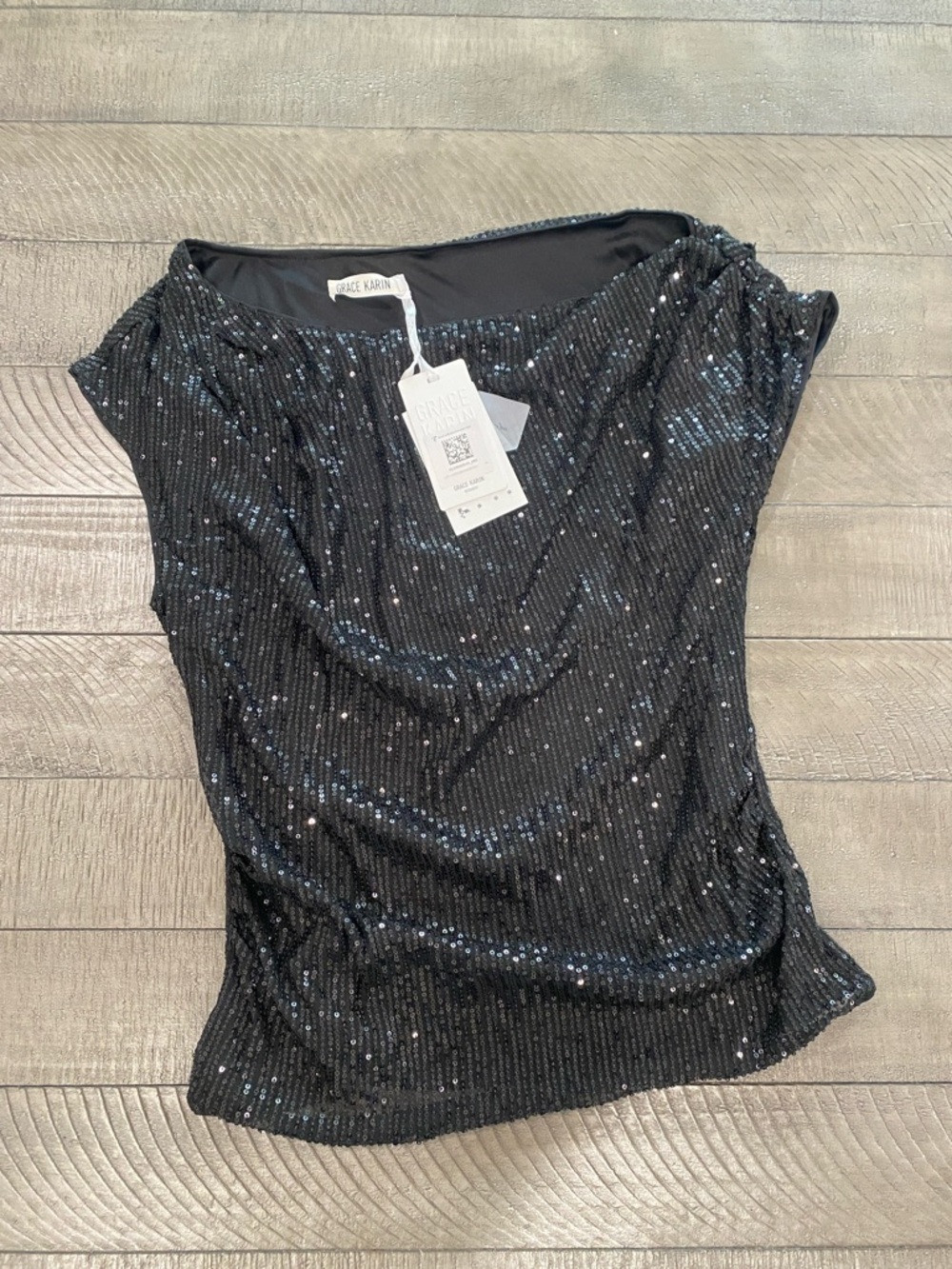 Grace Karin Black Sequin One-Shoulder Camisole